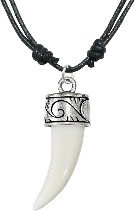 Wolf Fang Tooth Pendant Necklace, Adjustable Black Cord