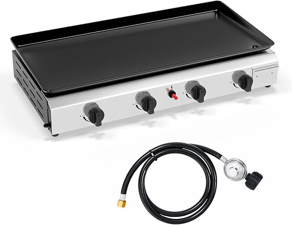 Leadzm 4 Burner Portable Propane Griddle with Electronic Ignition, 40000 BTU Tabletop Flat Top Gas Grill with Nonstick Enameled Tray & Regulator for Outdoor Cooking Camping BBQ Tailgating Picnicking