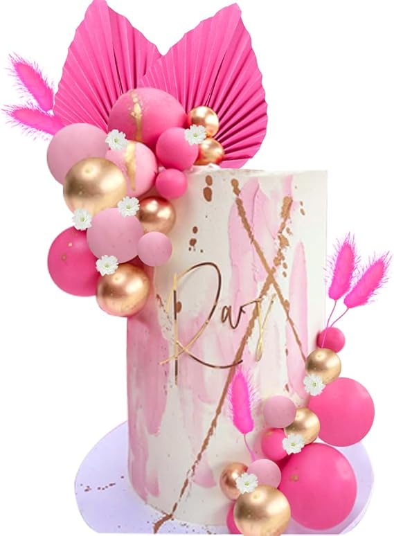Flower Cake Topper Gold Palm Leaves Balls Cake Decoration for Baby Shower Birthday Party (Hot Pink)