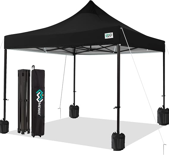 MEWAY Upgraded Pop Up Tent Canopy 10x10FT, Heavy Duty Outdoor Canopy with Roller Bag,4 Sand Bags, Black