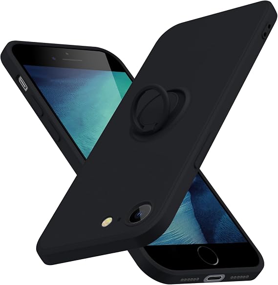 for iPhone SE Case 3rd and 2nd gen, iPhone 8 Case/iPhone 7 Case with Ring,Soft Liquid Silicone Phone Case,Built in 360Rotatable Ring Holder,Shockproof Protection Phone Case,Black JUS04-01