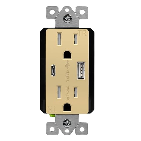 TOPGREENER USB Outlet, 4.2A Type C & Type A Wall Outlet, 15 Amp Tamper Resistant Receptacle Plug, Charging Power Outlet with USB Ports, UL Listed, TU21536AC-GDWSI, Gold