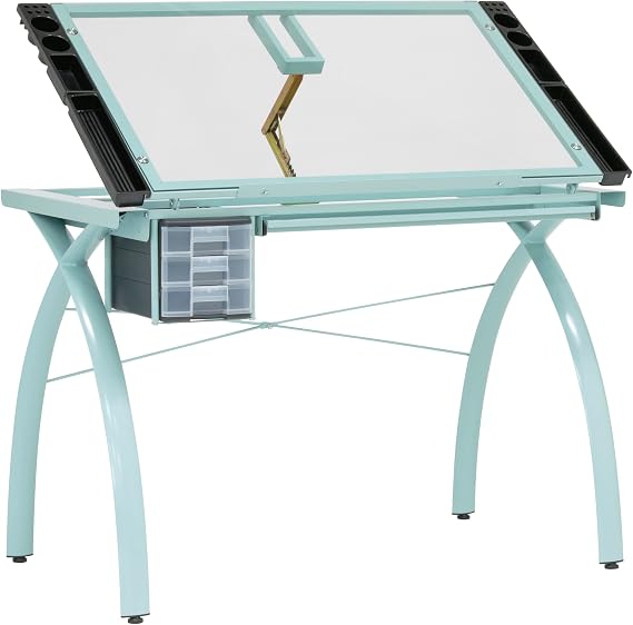 SD Studio Designs Futura Craft & Drawing Table with Adjustable Tempered Safety Glass Top Modern Art Desk with Storage Drawers, Pencil Ledge, Glossy Sage/Clear Glass