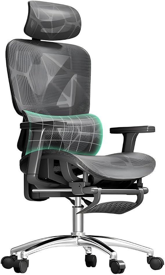 Desk Office Chair,Ergonomic High Back Computer Chair,Comfortable Recliner with Footrest,Lumbar Support Breathable Mesh Swivel Chair with Adjustable Armrests,Black