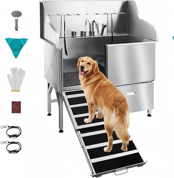 VEVOR Dog Bath Tub, Professional 50 Inch 304 Stainless Steel Dog Washing Station Anti-Slip Ramp & Storage Drawer, Hot Cold Water Faucet and Showerhead for Large Medium Small Dogs (Left Door)