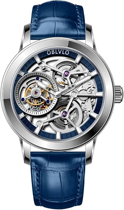 OBLVLO Luxury Men Mechanical Watch Genuine Leather Steel Skeleton Dial Tourbillon Manual-Wind Watches VM-TB