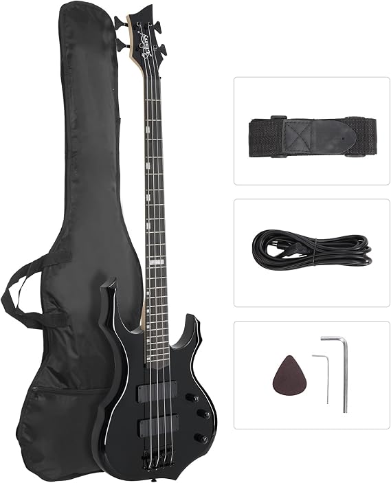 GLARRY Electric Bass Guitar 4 Strings Buring Fire Style HH Pickups for Beginner Adults Right Hand Amp Cable, Bag, Strap and Cord (Black)