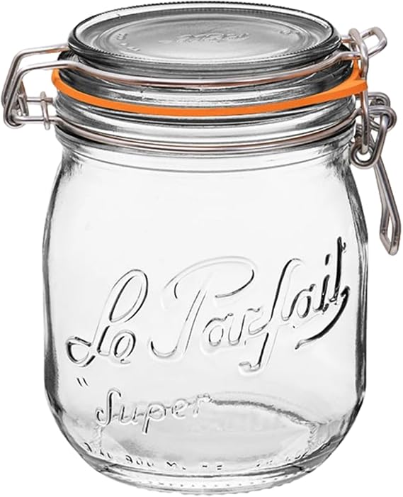 Le Parfait Super Jar 750ml (24oz) Glass Canning Jar, Wire Bail Lid, 1 Pack | Airtight rubber seal for canning, preserving pickles, sauces and whole fruit, fermentation and pantry storage; Made in France