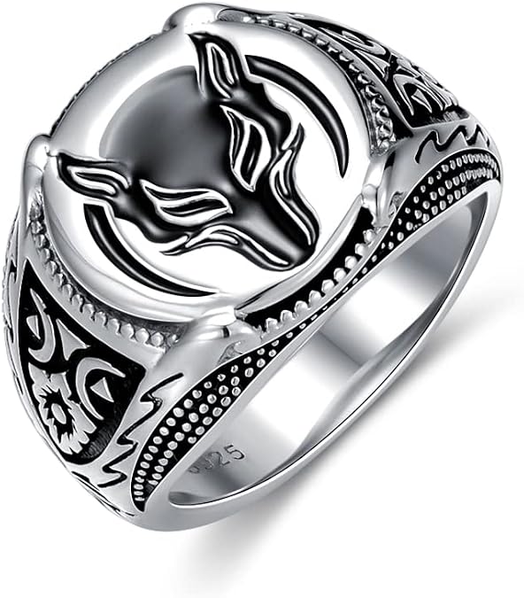 Wolf Ring for Men Sterling Silver Ring Viking Ring Wizard Warrior Hunter Wolf Head Rings Gift for Men