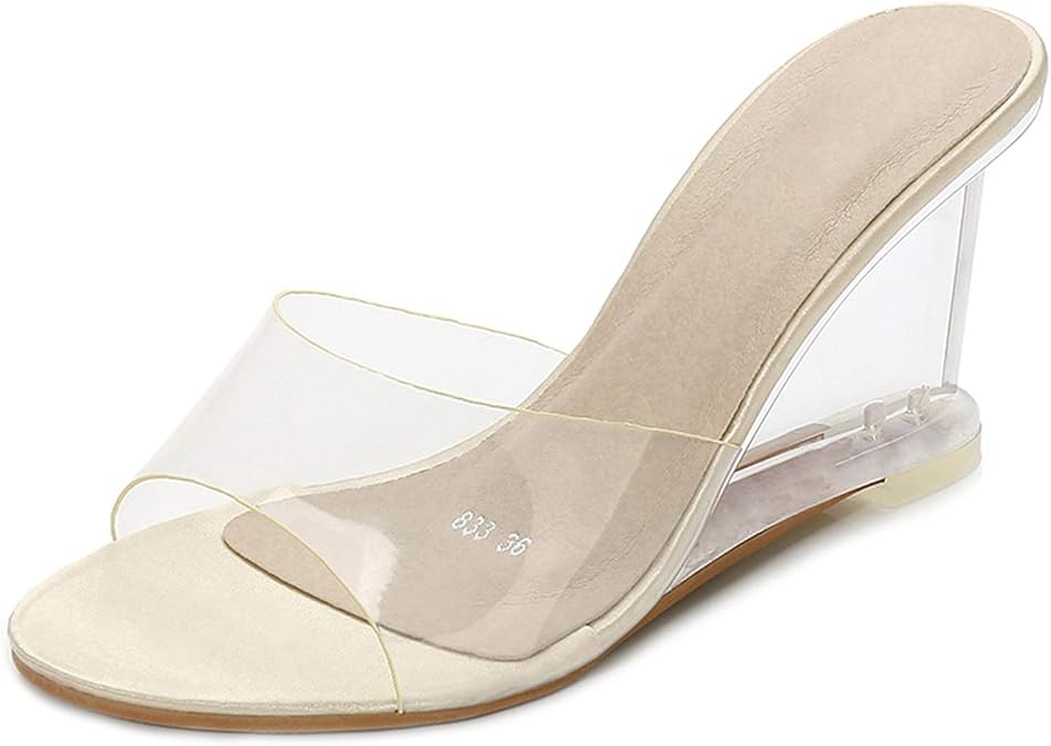 YIYA Women's Clear Wedge Sandals Transparent Open Toe Slip On Mule Heel Slide Dress Shoes