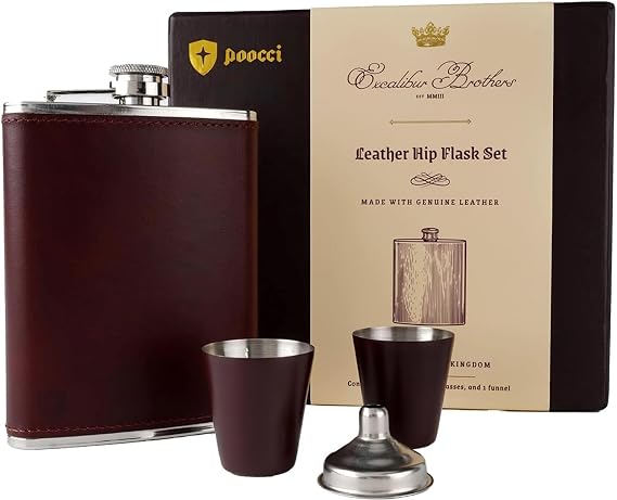 POOCCI -Drinking vesselsHip flasks Men's Leather Flask with 2 Cups and Funnel - 100% Leak Proof with Stainless Steel and Premium Leather, Flask Gift Set for Father, Grandfather