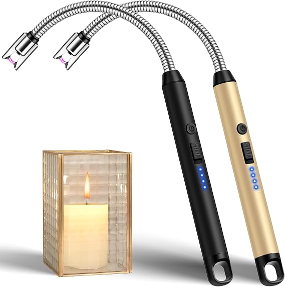 Upgraded 2 Pack Electric Candle Lighter with 360 Flexible Neck & Safety Lock, Windproof USB Rechargeable Flameless Arc Long Lighters for Grill, BBQ, Camping, Fireplace, Stove (Black & Gold)