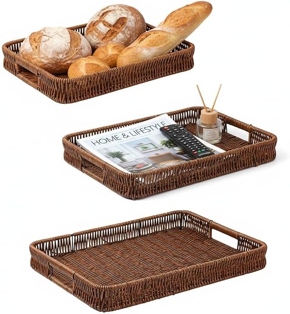 3pcs Woven Serving Trays, Poly Wicker Rectangular Serving Basket