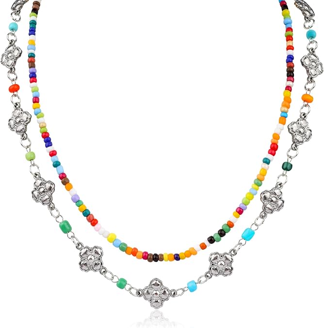 Y2k Flower Layered Bow-Knot Pearl Choker Necklace for Women, 14K Gold Plated Boho Imitation Pearl Bowknot Choker, Y2k Colorful Beaded Floral Choker Necklace, Christmas Valentine's Day Gift