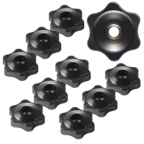 12 Pcs Star Knobs, 1/4-20 Female Threaded Hexagon Head Thru Clamping Knob, 6 Star 1/4 Inch 20 Jig T Knobs, Small, Black