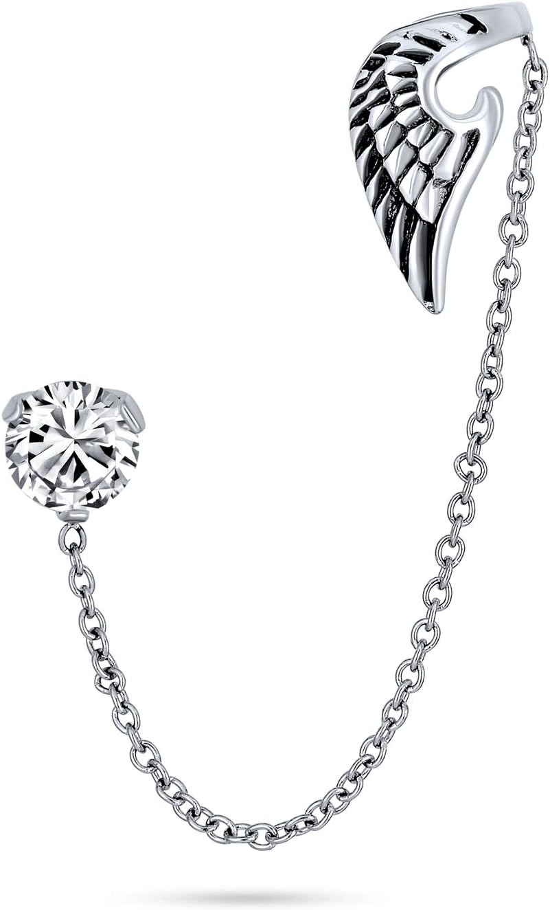 Spiritual Guardian Angel Wing Feather Cartilage Ear Lobe Helix Earring Warp Chain Ear Cuff CZ Stud Earring Unisex Stainless Steel 1 Piece