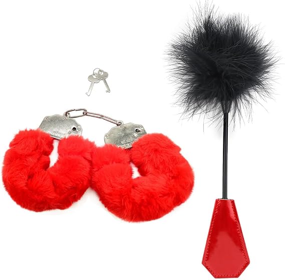 Bedroom Fitness Plush Set, Adjustable Handcuffs/Feather Wand Combo Kit (red)
