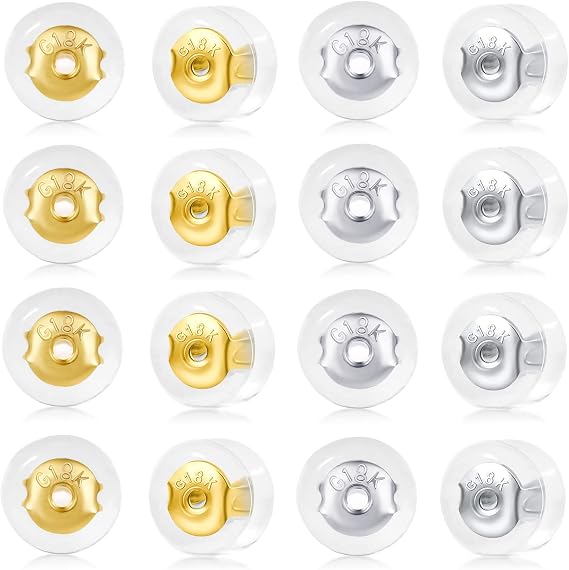 18K Gold Earring Backs for Studs, 16Pcs Comfortable Silicone Earring Backs for Droopy Ears, Locking Secure Hypoallergenic Earring Backs Replacements for Adults