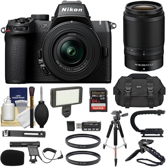 Nikon Z50 II Mirrorless Camera with 16-50mm & 50-250mm Lenses Bundle with 64GB Card + Tripod + Hand Grip + 2 Filters + Video Light + Cleaning Kit + Card Reader + Microphone + Camera Bag (12 Items)