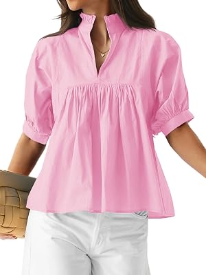 Cicy Bell Womens Puff Sleeve V Neck Blouse Babydoll Peplum Tops Dressy Casual Pleated Loose Fit Shirts