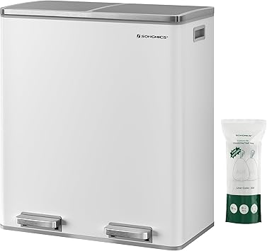 SONGMICS Trash Can, 2 x 8 Gallon (2 x 30 L) Garbage Can for Kitchen, with 15 Trash Bags, 2 Compartments, Plastic Inner Buckets and Hinged Lids, Airtight, White and Gray ULTB60WT