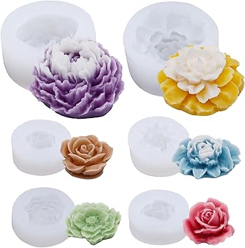 EuTengHao Peony Silicone Mold Set Flower Silicone Casting Mold Rose Resin Mold Easy Release Reusable for Wax Scented Candle Soap - Artistic Design for Home Decoration (6 Packs)