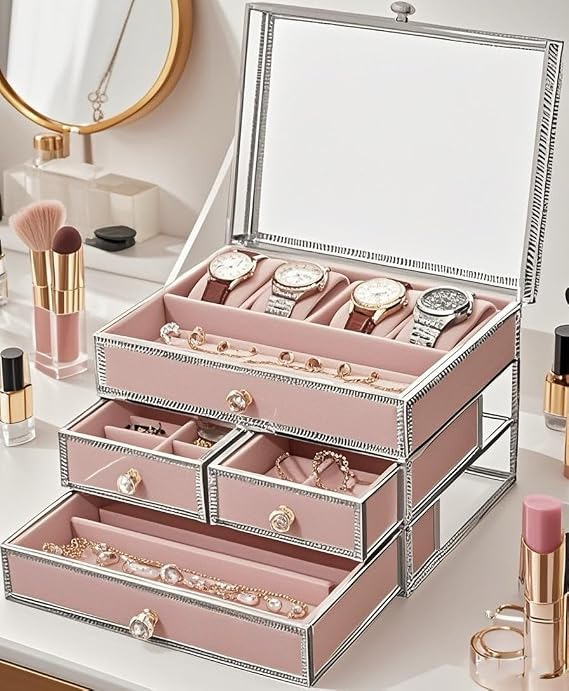 Silver Glass Jewelry Box with 4 Drawers Velvet Lined Vanity Makeup Organizer Elegant Glass Cosmetic Storage Case for Rings Earrings Necklaces Limited Stock No Restock