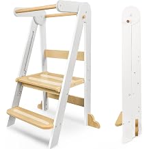 Foldable Learning Tower, Kitchen Stool for Kids with Non-Slip Design,Wooden Toddler Standing Towers with 3 Adjustable Heights & Safety Rails,Montessori Step Stool for Kitchen Counter Bathroom (White)