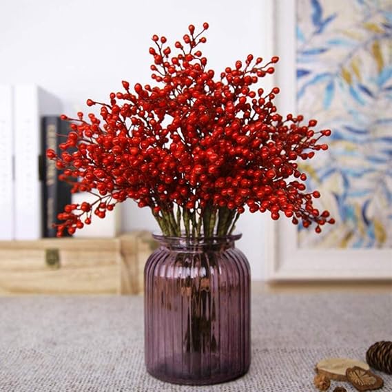 GREENTIME 16 Pack Artificial Red Berry Stems for Christmas Tree Decorations