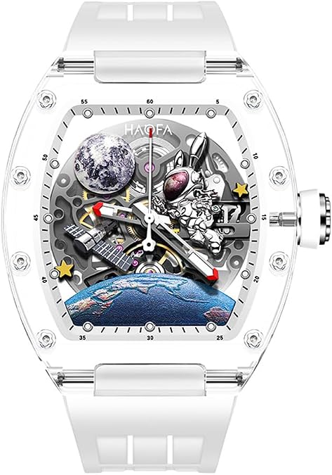 Haofa 3D Interstellar Spaceship Mechanical Watch for Men Automatic Hollow Transparent Glass Case Watch Waterproof Luminous Moon Rabbit Men Watch Casual Fashion 2320 White