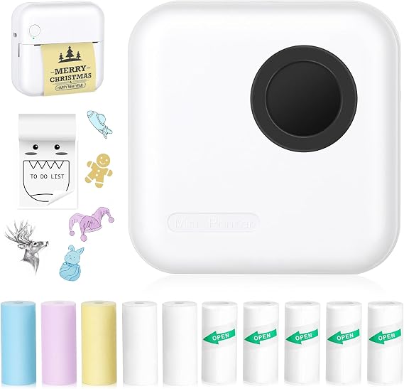 Moremore Mini Sticker Printer Thermal Printer with 10 Rolls Papers and Stickers for Picture, Receipt, Notes, Lists, Label, Memo, Sticker Portable Printe for iOS&Android
