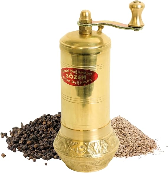 Sozen 4.7" Bowl Bottom Manual Pepper Grinder Brass Handmade Turkish Pepper Mill, Conical Burr Spice Grinder, Portable Hand Crank Mill for Salt, Peppercorns, and Other Spices with Durable Brass Decor