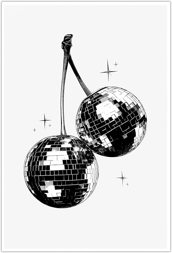Disco Cherry Wall Art Funky Vintage Prints Black and White Disco Ball Poster Retro Trendy Wall Art Aesthetic Disco Posters Retro Fashion Prints Funky Disco Cherries Prints 70s Picture 16x24in No Frame