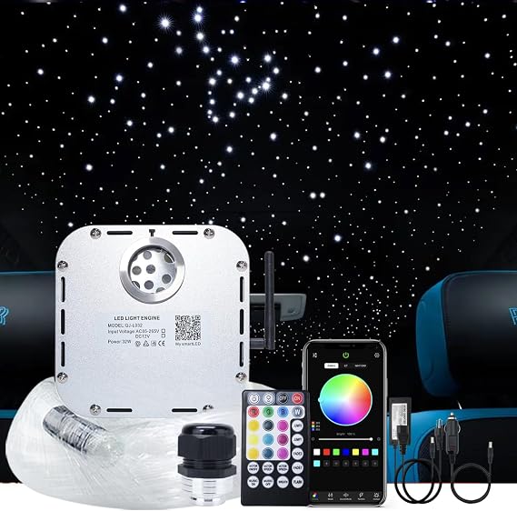 AKEPO 32W RGBW APP+Twinkle+Music Control Fiber Optic Lights Kit Star Ceiling Sky Light, 400pcs of Mixed (0.75+1+1.5+2mm) 13.1ft/4m Optical Fiber Cable and Crystals for Car & Media Movie Room Decor