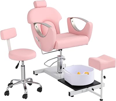 Pedicure Chair with 360 Degree Swivel Stool, Adjustable Hydraulic Lift Reclining Pedicure Station, Hydraulic Pedicure Chair with Adjustable Footrest for Pedicure Shop,Spa Pink
