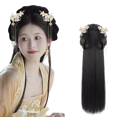 Retro Chinese Style Wig Geisha Headband Wig Retro Headwear Wigs Bun Hair Pieces Hanfu Cosplay (Size : Wig+headwear1)