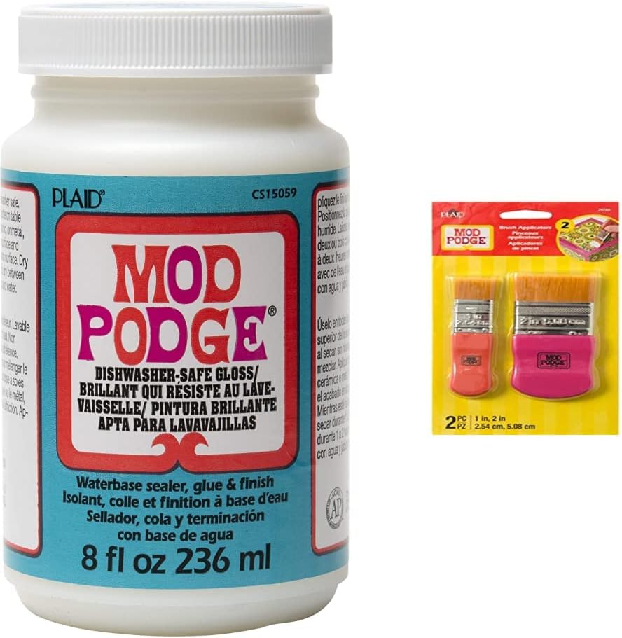 PLCS15059 8 oz Dishwasher Safe Gloss, Mod Podge Foam Brush Set x4, Yellow, Orange, Pink