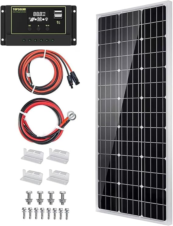 Topsolar Solar Panel Kit 100 Watt 12 Volt Monocrystalline Off Grid System for Homes RV Boat + 30A 12V/24V LCD PWM Solar Charge Controller + 16ft Solar Cables with Connector + Z-Brackets for Mounting