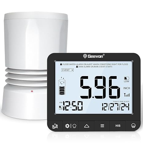 Geevon Digital Rain Gauge Outdoor, Self-Emptying Rain Collector with Alerts, Low Battery Warning Icon, Rainfall History and Current Date and Time, Suitable for Gardens, Farmland and Other Scenes