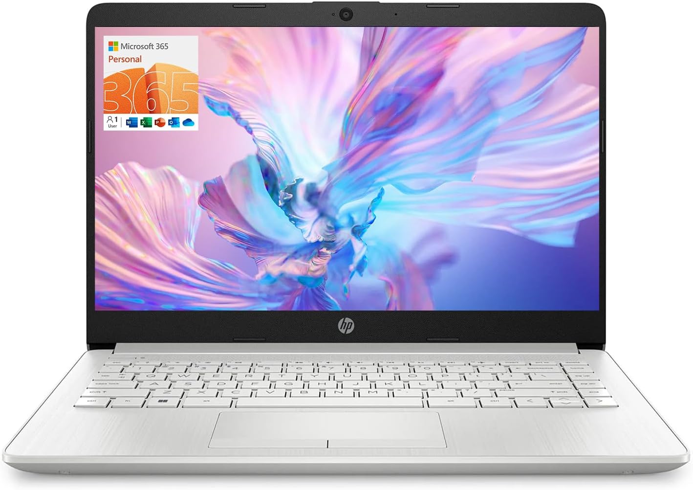 HP Essential Laptop, 14 HD Display, Intel Celeron N4120, 16GB RAM, 128GB eMMC, Webcam, HDMI, Wi-Fi, RJ-45, 1 Year Office 365, Windows 11 Home, Silver