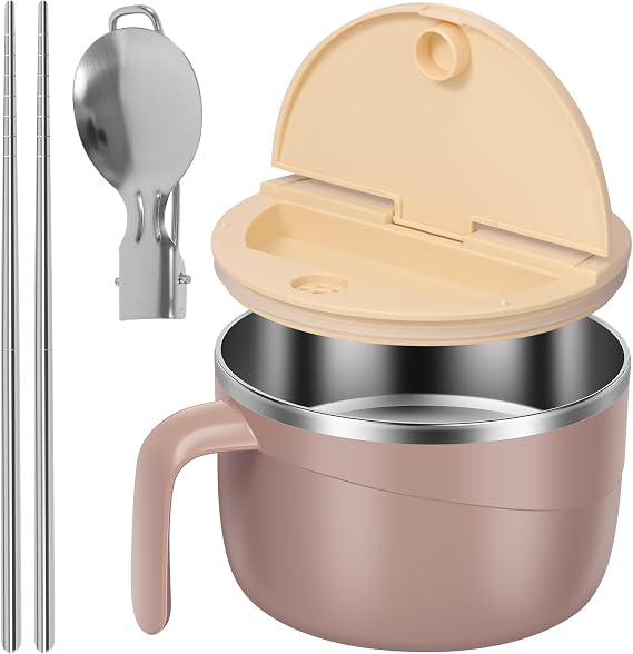 1200ml Large Ramen Bowl with Drainable Lid and Handle, Stainless Steel Instant Noodle Bowl Set with Phone Holder, Collapsible Spoon and Chopsticks, Ramen Cooker Bowls for Dorm, Office and Home (Khaki)