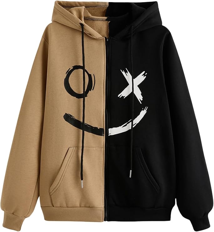 GORGLITTER Men's Color Block Long Sleeve Zip Up Hoodie Cartoon Graphic Drawstring Hooded Sweatshirt Tops