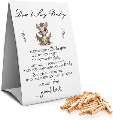 Dont Say Baby Clothespin Games Sign1 Sign  50 Mini Clothespins, Baby Shower Games, Little Dragon, Gender Neutral Baby Shower