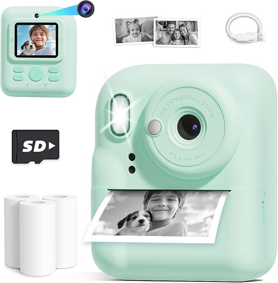Seckton Kids Camera Instant Print, Upgrade Selfie Digital Camera for Kids, Christmas Birthday Gifts for Boys Girls Age 3-12, Toddler Portable Travel Toy with HD 1080P Video-Green