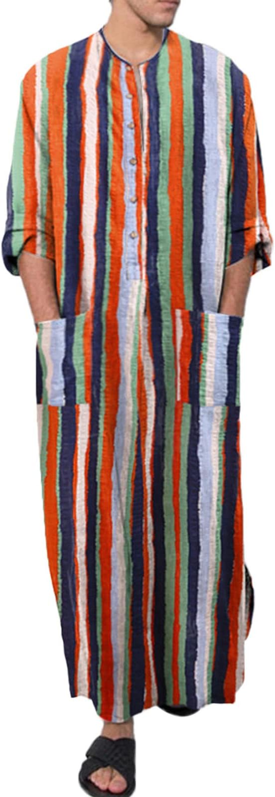 Mens Thobe Fashion Ethnic Striped Long Sleeve Thobes Casual Everyday Wear Thobes Soft Breathable Lightweight Thobe