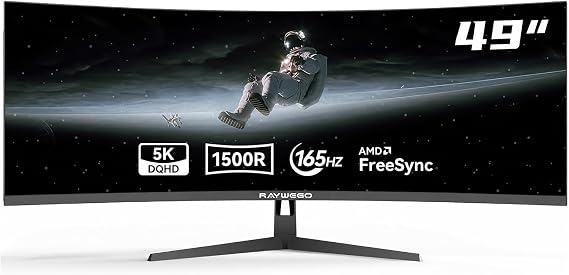 Raywego 49 Inch Curved Ultrawide Gaming Monitor, DQHD 165Hz, 1500R | 5120x1440 32:9 VA display with HDR400, 400 nits, 127% sRGB, Adaptive Sync, PIP/PBP, DP 1.4 and HDMI 2.0