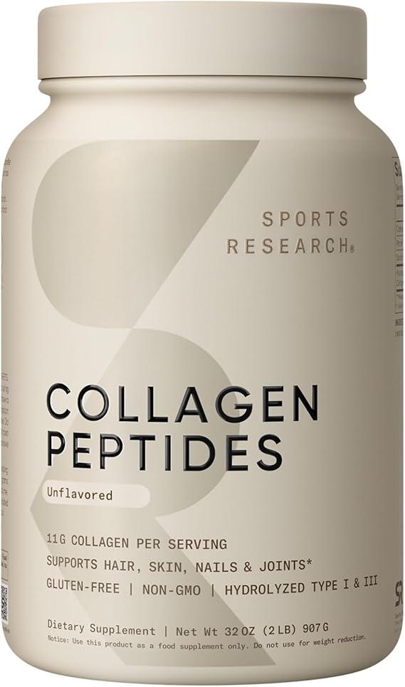 Sports Research Collagen Peptides - Hydrolyzed Type 1 & 3 Collagen Powder Protein Supplement for Healthy Skin, Nails, Joints - Easy Mixing Vital Nutrients & Proteins, Collagen for Women & Men