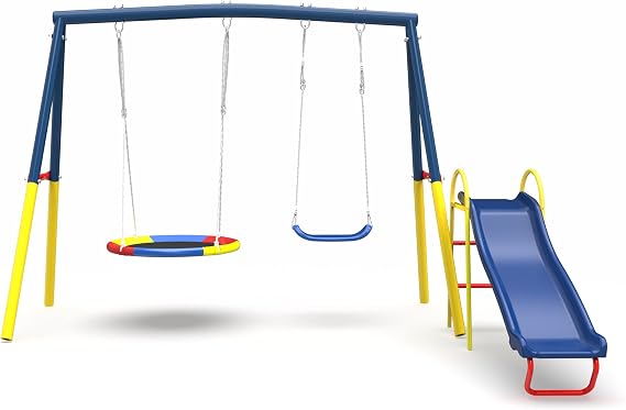 Swing Set for Backyard with Stand, Swing Heavy Duty 440lbs Metal Outdoor Swing Stand, Contain 1 Saucer 32" & 1 Belt seat 26.2" + 53in Blow Molded Slide for Playground - Backyard Playset, Blue