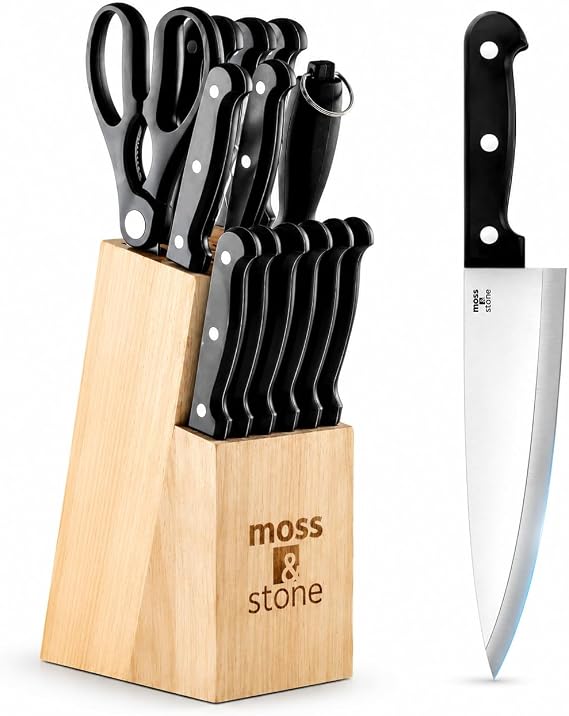 Moss & Stone 14 Pcs Kitchen Knife Set with Block, Stainless Steel