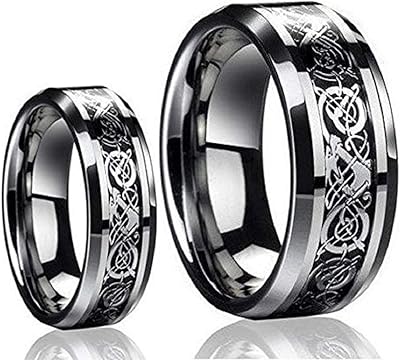 Wedding Rings for Him and Her - 8MM6MM Tungsten Carbide Celtic Knot Dragon Design Carbon Fiber Inlay - Couple Rings Set - Wedding Bands for Couples - Wedding Band Sets for Couples